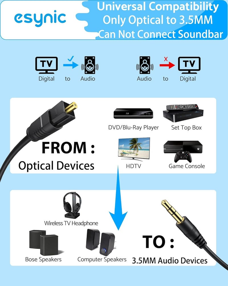 eSynic Portable Optical to 3.5mm Adapter-7 FT Long-192KHz DAC Converter-Metal Shell-Built in DAC Chip-Easy to Setup-For HDTV/Blu-Ray/Gaming Console to 3.5MM Audio Speaker & Headphone-Not Bidirectional - Image 2